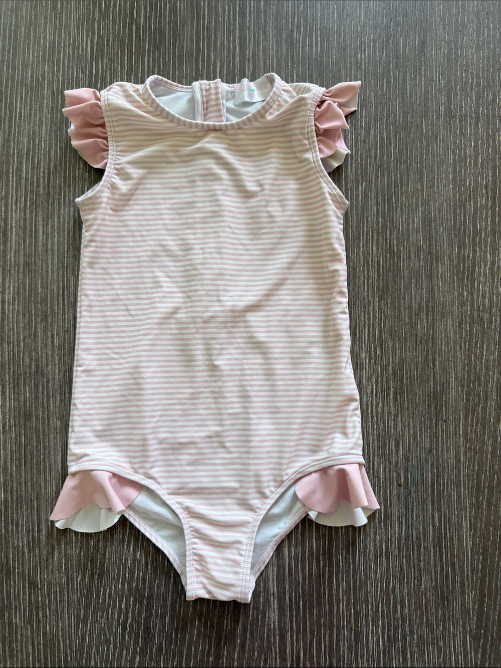 Used Size 6 Cecil and Lou Pink Stripe Ruffle One-Piece Swimsuit